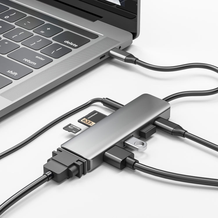 Versatile 8-in-1 USB-C Hub Adapter with PD, HDMI, VGA, AUX, USB 3.0, USB 2.0, SD, and TF Slots