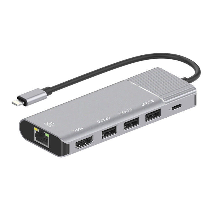 6 in 1 Multifunctional HUB Converter Docking Station with 8 Pin to RJ45, HDMI, and USB 2.0 Ports