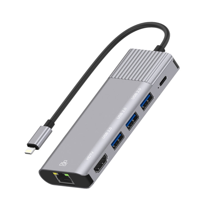 6 in 1 Multifunctional HUB Converter Docking Station with 8 Pin to RJ45, HDMI, and USB 2.0 Ports