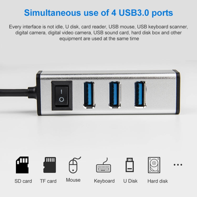 Type-C 4-Port USB 3.0 Aluminum Alloy HUB with Switch - Grey