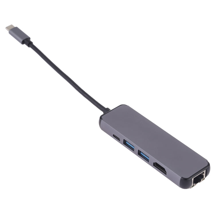 Type-C to HDMI + USB 3.0 + USB 3.0 + Type-C + LAN Card Reader Adapter - 5 in 1 (Grey)