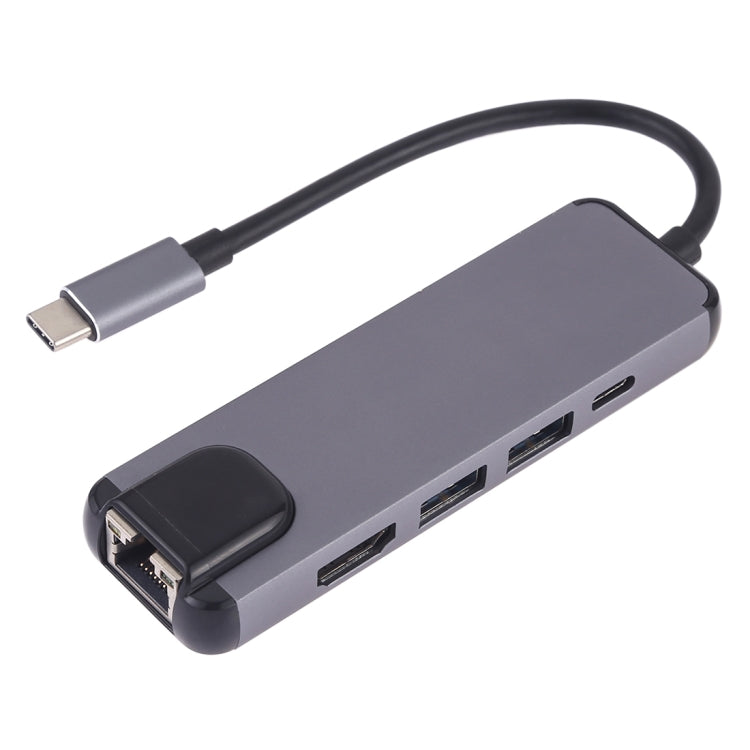 Type-C to HDMI + USB 3.0 + USB 3.0 + Type-C + LAN Card Reader Adapter - 5 in 1 (Grey)