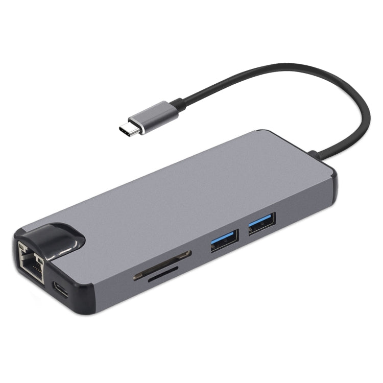 8 in 1 Type-C to HDMI + USB 3.0 + USB 3.0 + Type-C + LAN + VGA + TF/SD Card Reader Adapter (Grey)