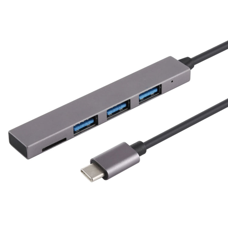 T-809B TF Card Reader + 3 x USB 3.0 Ports to USB-C / Type-C HUB Converter with 13cm Cable Length (Grey)
