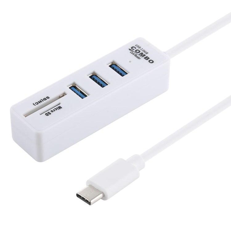 2 in 1 TF / SD Card Reader + 3 x USB 3.0 Ports to USB-C / Type-C HUB Converter with 26cm Cable Length (White)