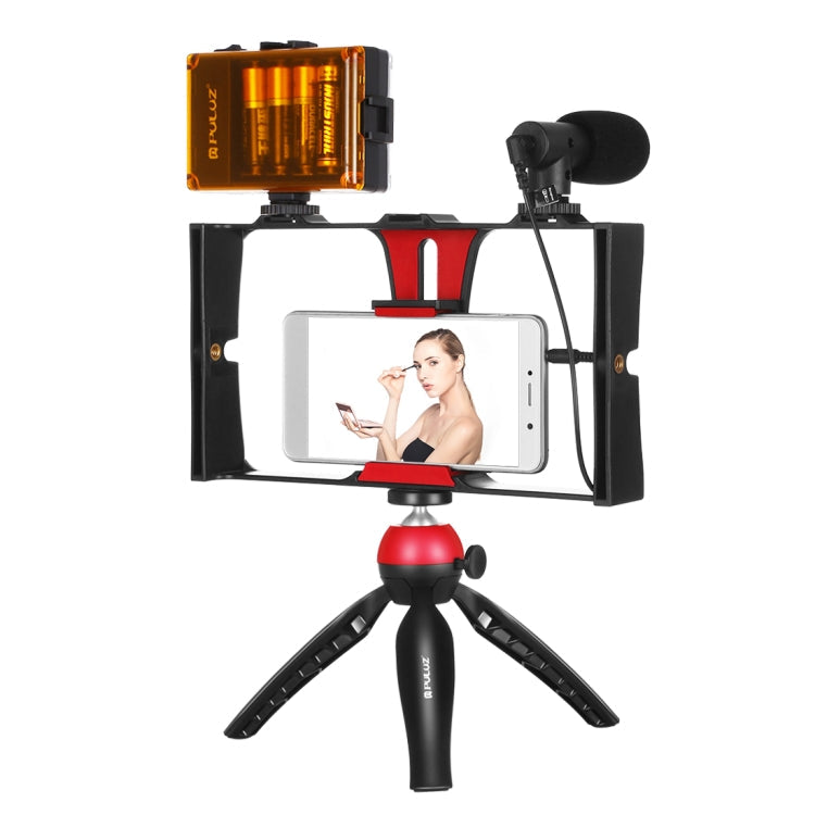 PULUZ 4 in 1 Vlogging Live Broadcast LED Selfie Light Smartphone Video Rig Kit with Microphone, Tripod Mount, and Cold Shoe Tripod Head (Red)