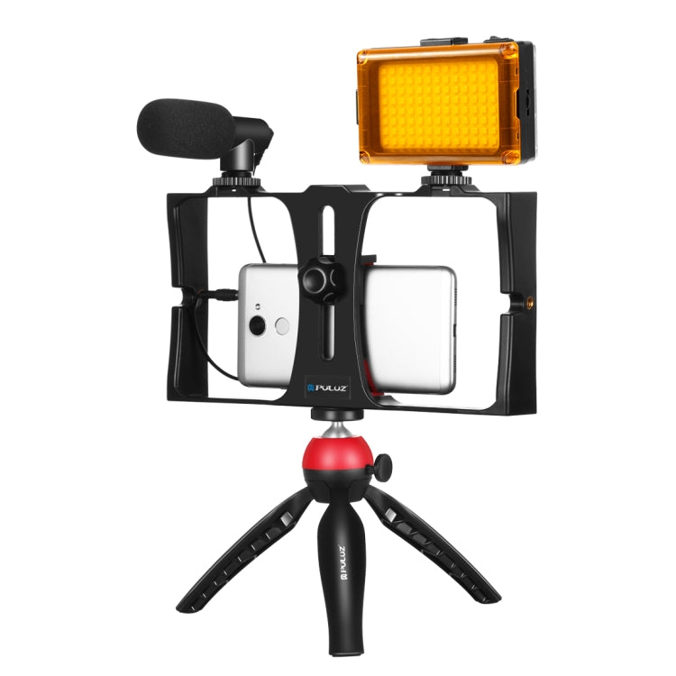 PULUZ 4 in 1 Vlogging Live Broadcast LED Selfie Light Smartphone Video Rig Kit with Microphone, Tripod Mount, and Cold Shoe Tripod Head (Red)
