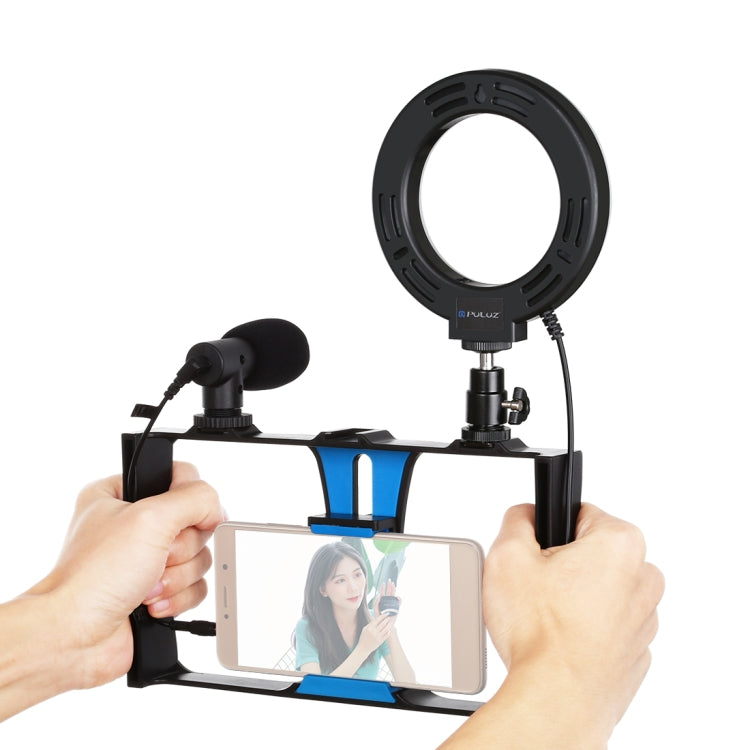 PULUZ 3 in 1 Vlogging Live Broadcast Smartphone Video Rig with Microphone and Ring LED Selfie Light Kit (Blue)