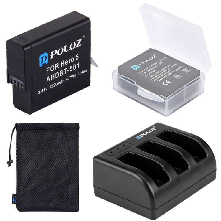 PULUZ 4 in 1 AHDBT-501 3.85V 1220mAh Battery Kit with Charger, Storage Bag, and Box for GoPro HERO7 /6 /5