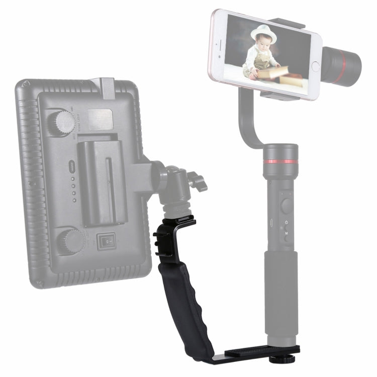 PULUZ L-Shape Bracket Handheld Grip Holder with Dual Side Cold Shoe Mounts for DSLR Camera and Video Light Flash