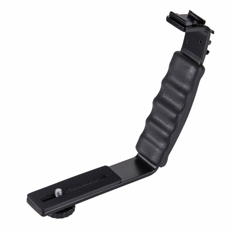 PULUZ L-Shape Bracket Handheld Grip Holder with Dual Side Cold Shoe Mounts for DSLR Camera and Video Light Flash