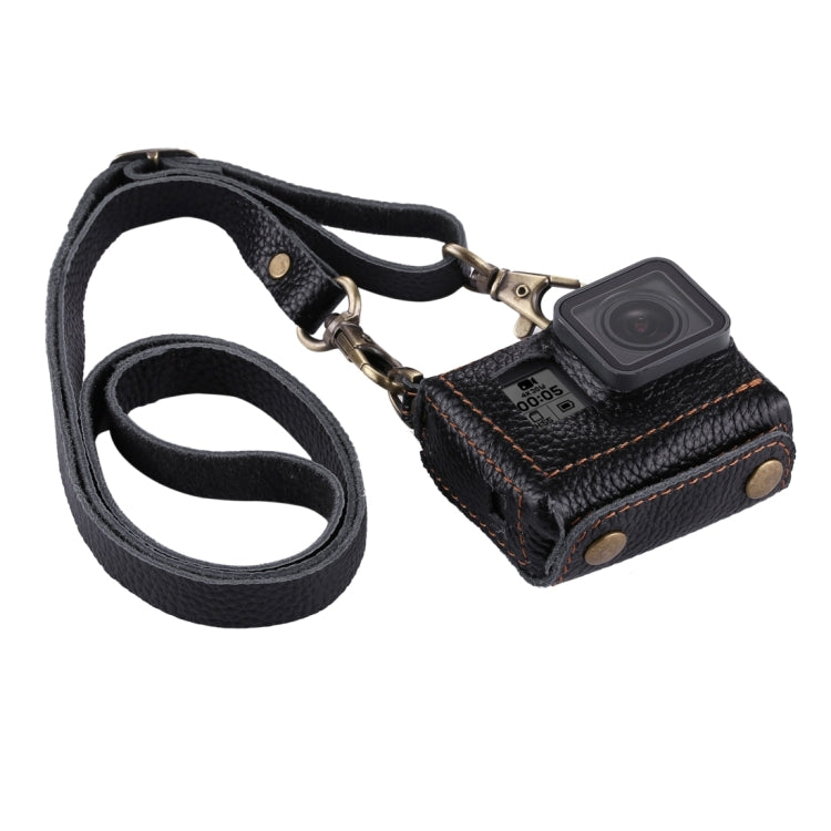 PULUZ Genuine Leather GoPro HERO7 Black /6 /5 Housing Case with Neck Strap & Lens (Black)