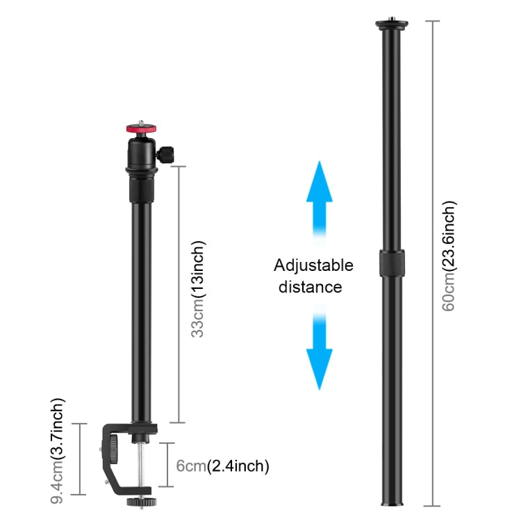 PULUZ C Clamp Mount Light Stand Extension Kit with Ball-Head, Rod Length 33-60cm (Black)