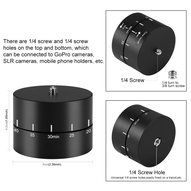 PULUZ 360 Degrees Panning Rotation Time Lapse Stabilizer Tripod Head Adapter for Action Cameras