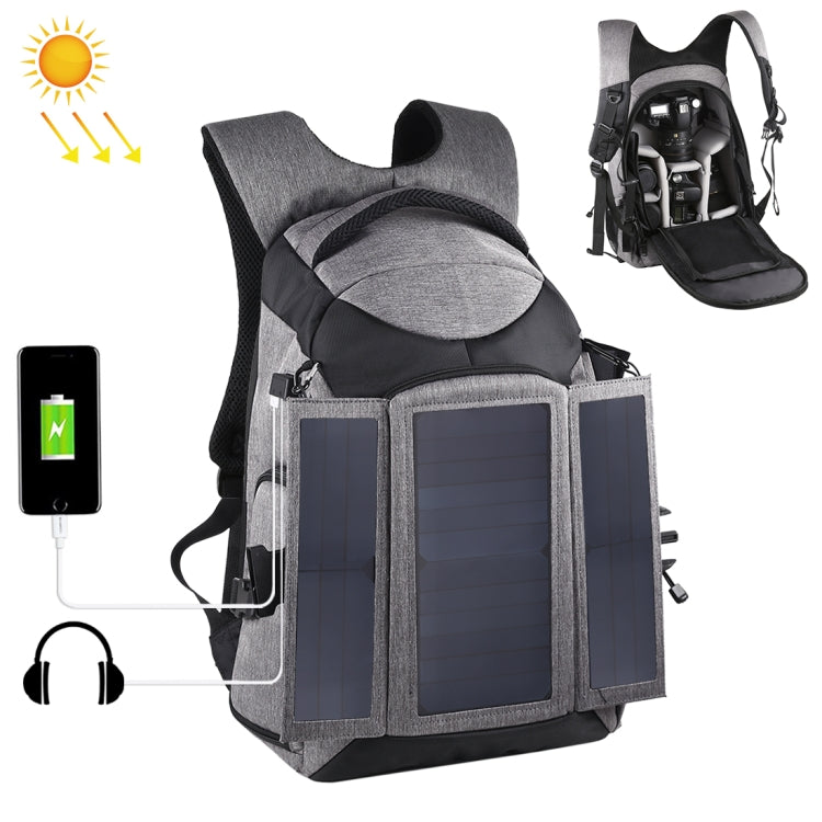 PULUZ 3-Fold 14W Solar-Powered Outdoor Camera Backpack with USB Port (Grey)