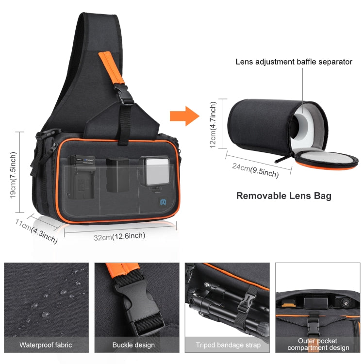 PULUZ Triangle Style SLR Camera Bag Sling: Waterproof Backpack with Removable Lens Bag (Black)
