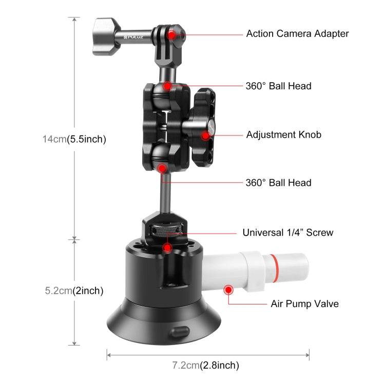 PULUZ Magic Arm with Pump Suction Cup Aluminum Alloy Mount (Black) - Professional Suction Cup Camera Mount