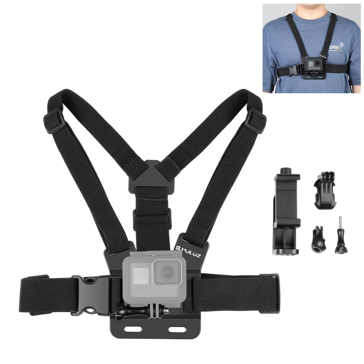 PULUZ 5 in 1 Adjustable Body Mount Belt Chest Strap with Phone Clamp & J Hook Mount & Long Screw Kit