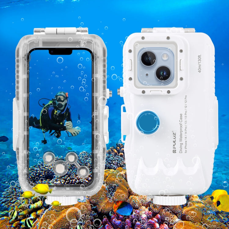 PULUZ 40m/130ft Waterproof Diving Case for iPhone 14 / 14 Pro / 13 / 13 Pro / 12 / 12 Pro, with One-way Valve Photo Video Taking Underwater Housing Cover(White)