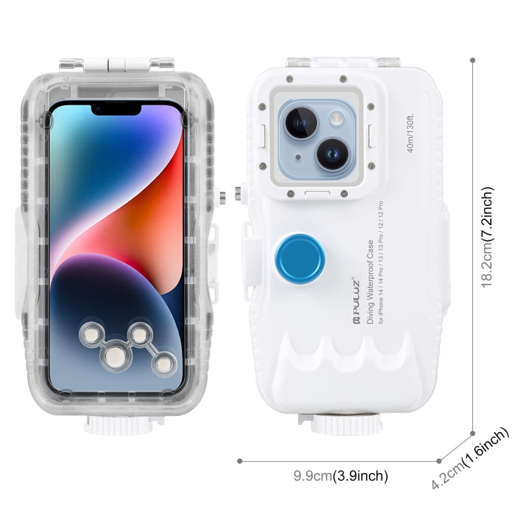 PULUZ 40m/130ft Waterproof Diving Case for iPhone 14 / 14 Pro / 13 / 13 Pro / 12 / 12 Pro, with One-way Valve Photo Video Taking Underwater Housing Cover(White)