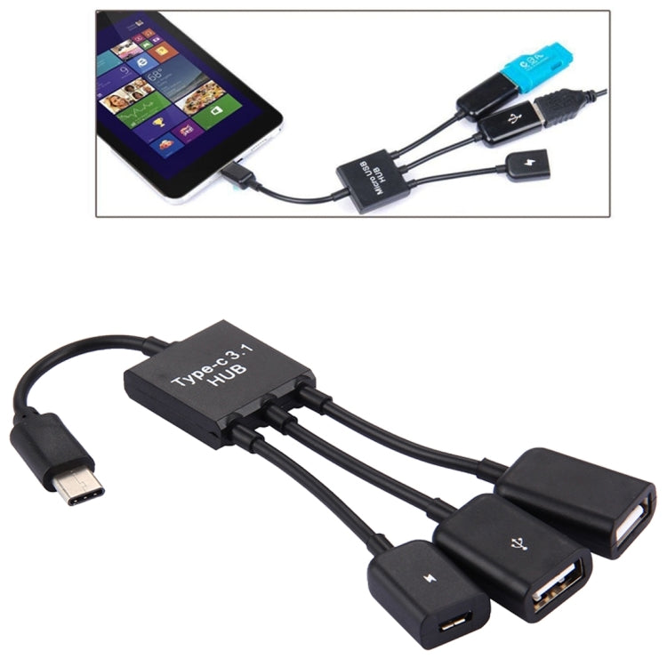 3-Port USB-C/Type-C 3.1 OTG Charge HUB Cable (17.8cm) - Black
