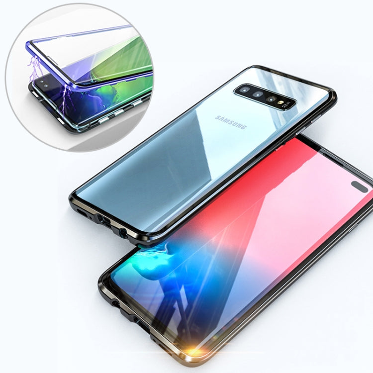 UltUltra Slim Magnetic Adsorption Flip Case for Galaxy S10 with Angular Frame and Tempered Glass (Black)