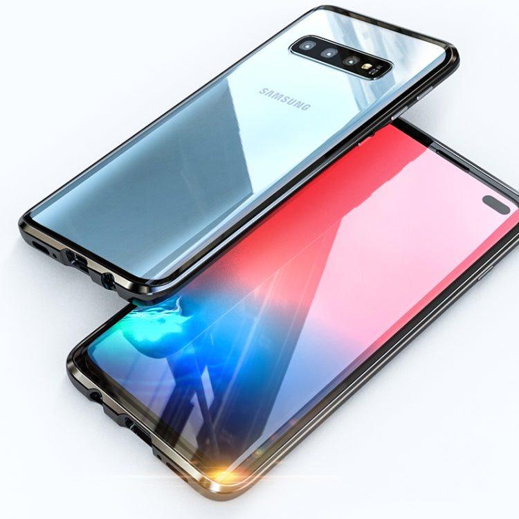 UltUltra Slim Magnetic Adsorption Flip Case for Galaxy S10 with Angular Frame and Tempered Glass (Black)