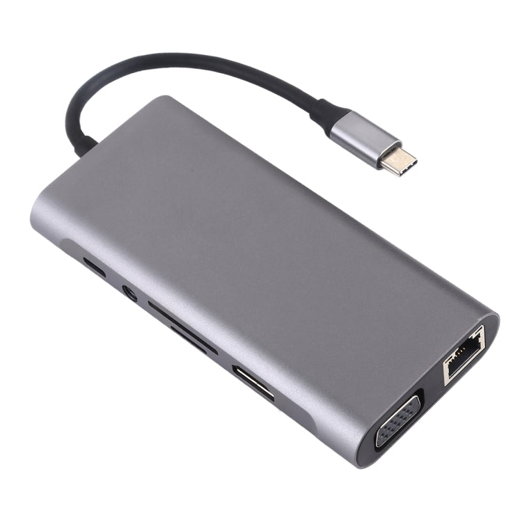 Versatile 11-in-1 Adapter with VGA, LAN, USB 3.0, SD/TF Card, HDMI, Audio, and USB-C Ports (Dark Gray)
