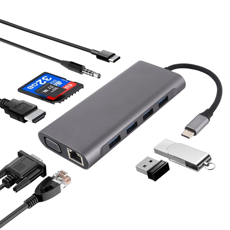 Versatile 11-in-1 Adapter with VGA, LAN, USB 3.0, SD/TF Card, HDMI, Audio, and USB-C Ports (Dark Gray)