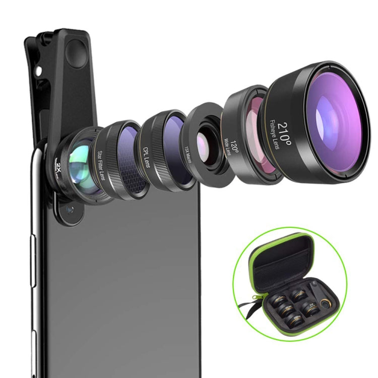 6 in 1 Universal External Lens Kit for Smartphones: Fisheye, Wide-Angle, Macro, CPL, Star Filter, Zoom Lens