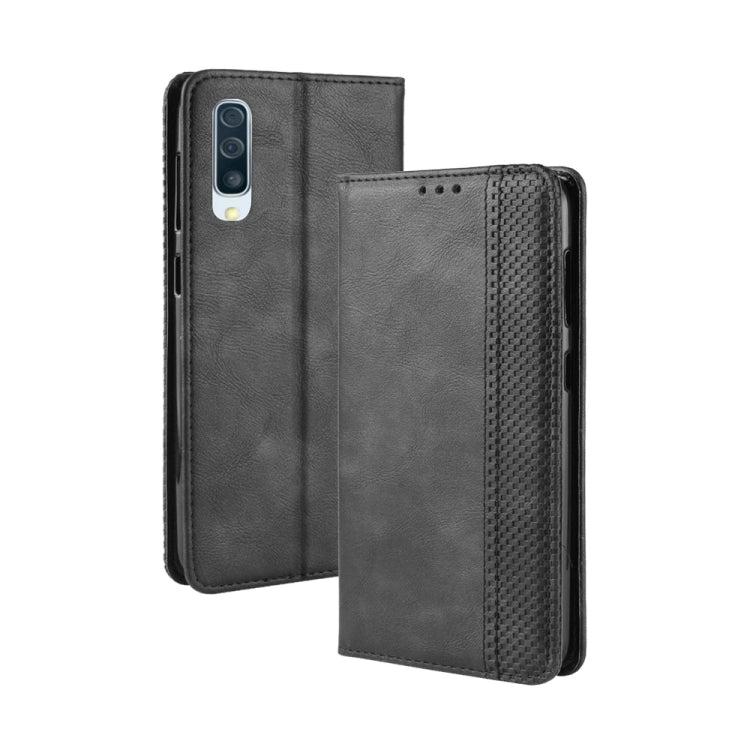Magnetic Buckle Retro Crazy Horse Texture Leather Case for Galaxy A70 - Black