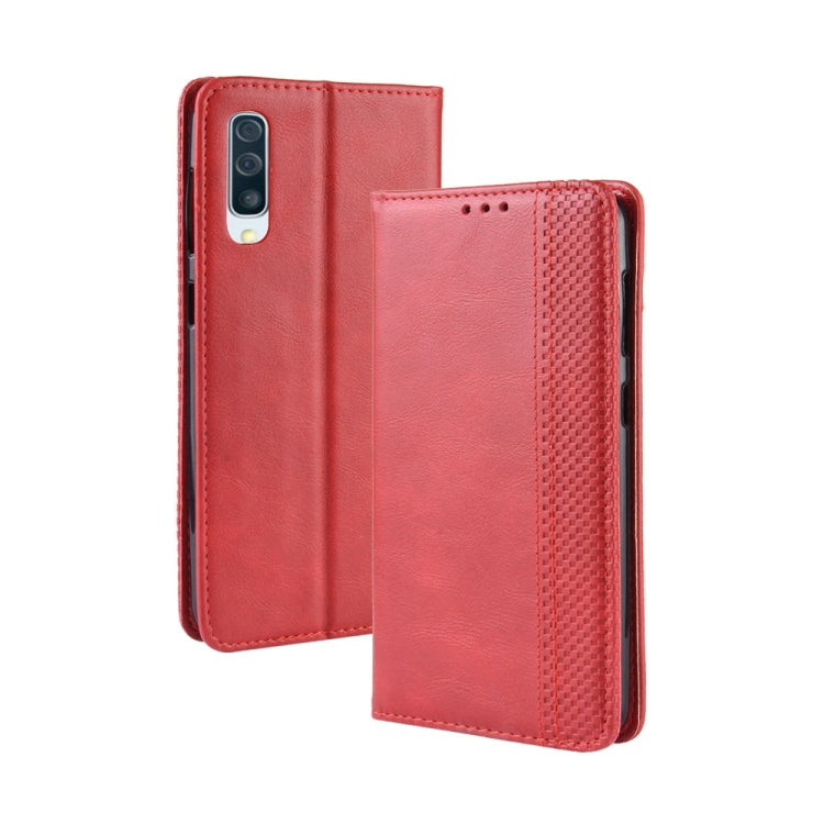 Rust Red Magnetic Buckle Retro Crazy Horse Texture Flip Leather Case for Galaxy A70 with Holder & Card Slots & Photo Frame