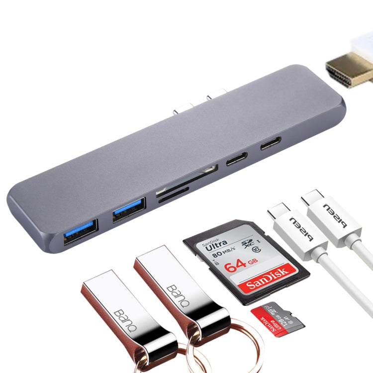 Aluminum Alloy Dual USB-C Hub Adapter with HDMI, USB 3.0 Ports, USB-C Ports, SD Card Slot, and TF Card Slot