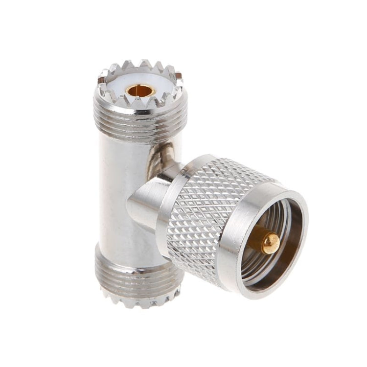 T-shaped UHF Male PL259 to Dual UHF Female Adapter