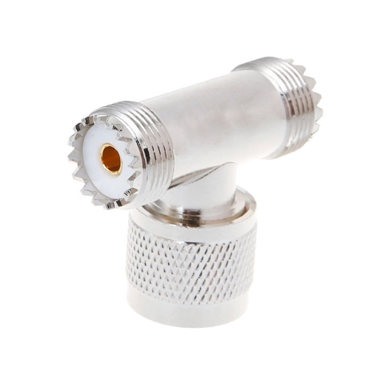 T-shaped UHF Male PL259 to Dual UHF Female Adapter