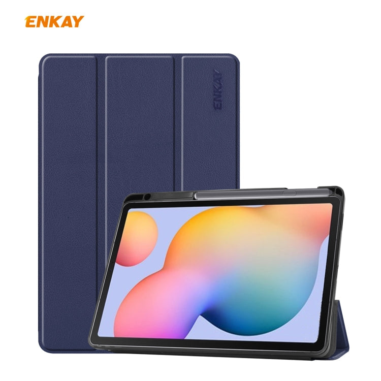 ENKAY Leather Smart Tablet Case with Pen Slot for Samsung Galaxy Tab S6 Lite - Dark Blue