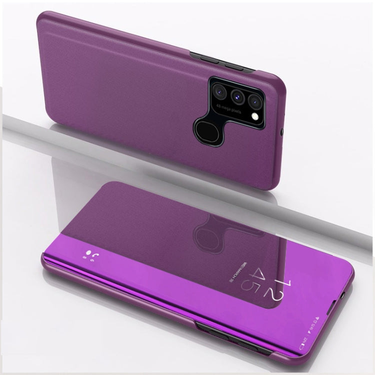 Purple Plated Mirror Horizontal Flip Leather Case for Samsung Galaxy A21S with Holder