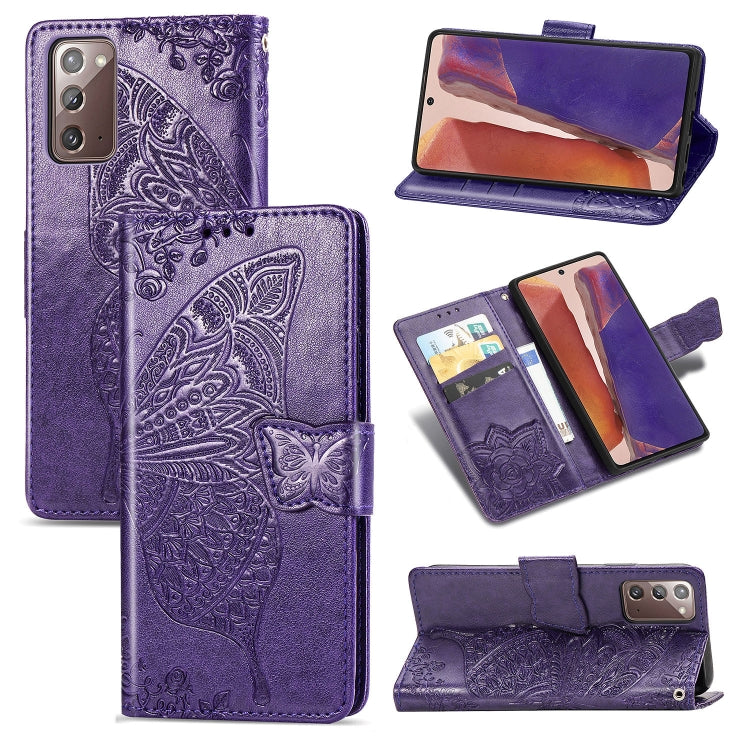Butterfly Love Flower Embossed Leather Case for Samsung Galaxy Note 20 Ultra (Dark Purple) with Card Slot and Bracket