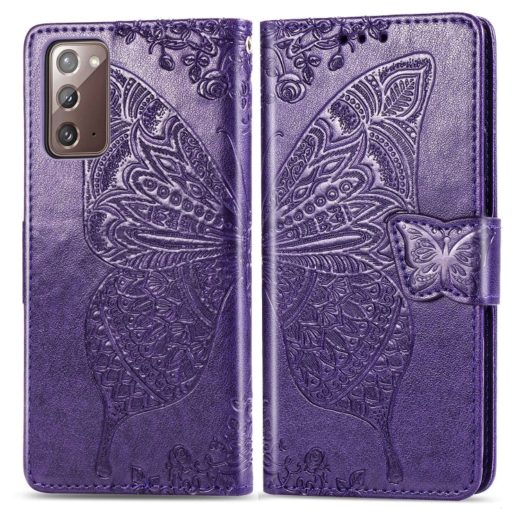 Butterfly Love Flower Embossed Leather Case for Samsung Galaxy Note 20 Ultra (Dark Purple) with Card Slot and Bracket