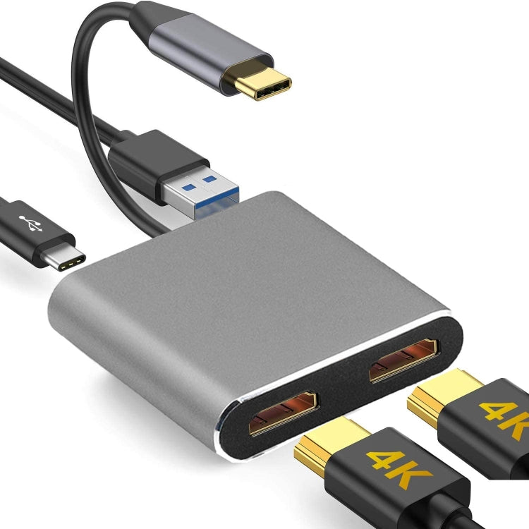 4-in-1 Type-C to Dual HDMI + USB 3.0 Port + Type-C PD Charging Port Multi-functional HD Dock Adapter (Grey)