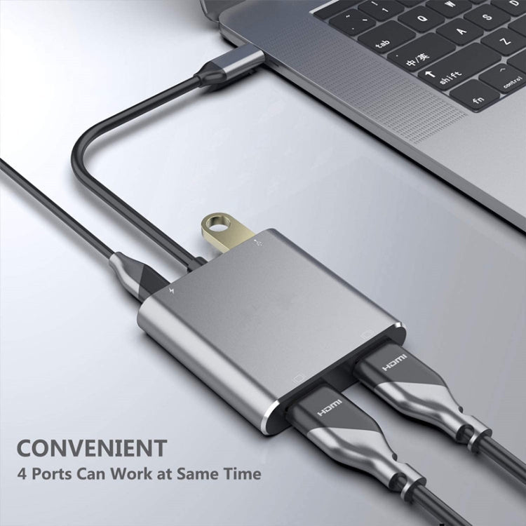 4-in-1 Type-C to Dual HDMI + USB 3.0 Port + Type-C PD Charging Port Multi-functional HD Dock Adapter (Grey)