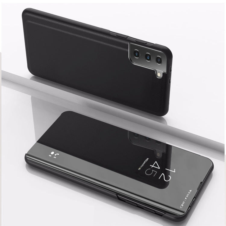Black Plated Mirror Horizontal Flip Leather Case with Holder for Samsung Galaxy S21 5G