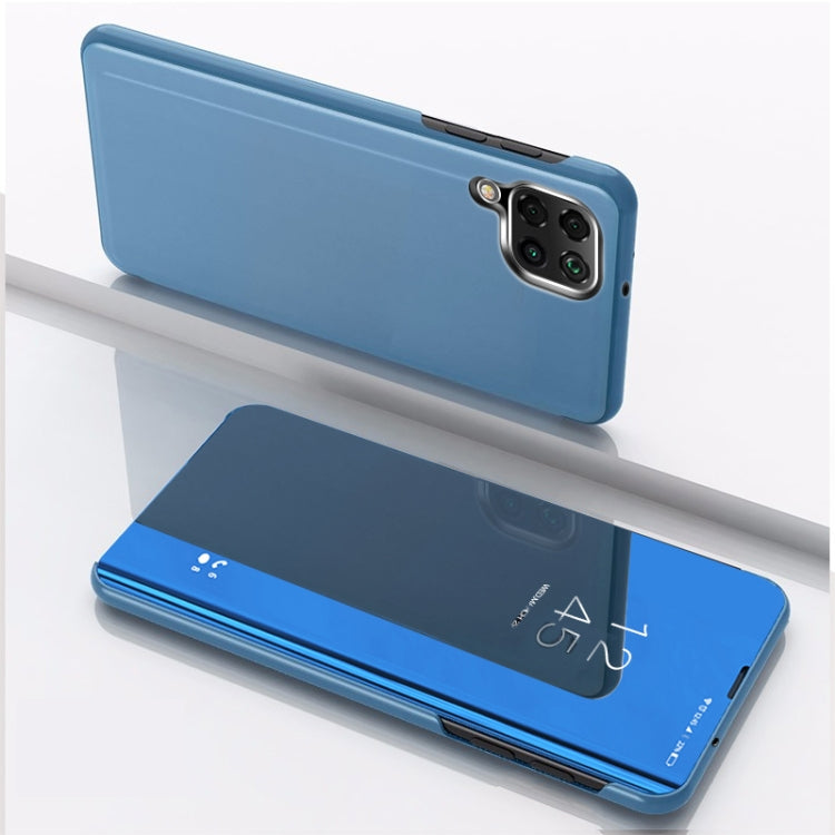 Blue Plated Mirror Horizontal Flip Leather Case with Stand for Samsung Galaxy A12