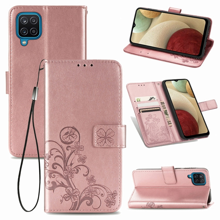 Rose Gold Four-Leaf Clasp Embossed Buckle Leather Case for Samsung Galaxy A12