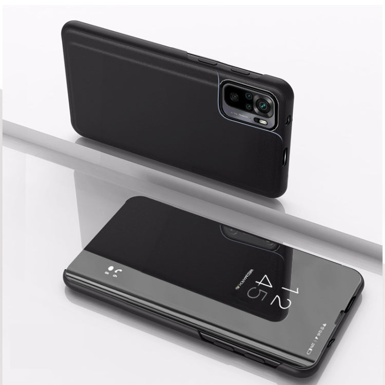 Black Plated Mirror Horizontal Flip Leather Case for Xiaomi Redmi Note 10 Pro with Holder