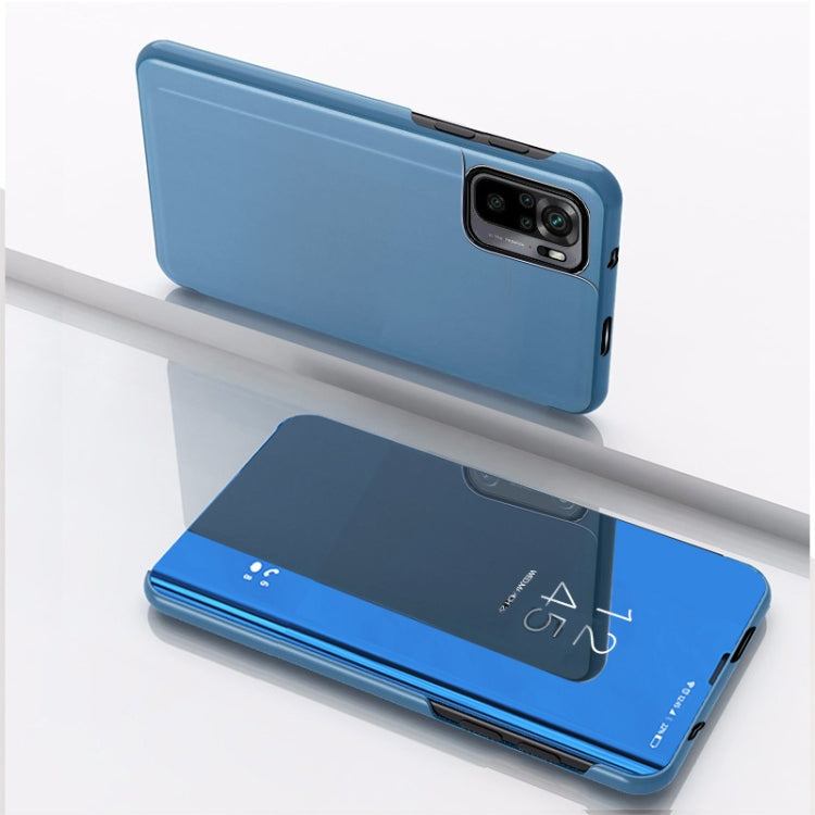 Blue Plated Mirror Leather Case for Xiaomi Redmi Note 10 Pro with Flip Stand