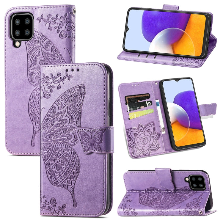Samsung Galaxy A22 5G Butterfly and Flowers Design Leather Flip Case with Card Slots and Holder (Light Purple)