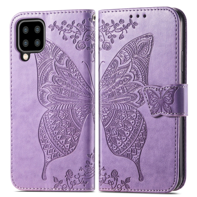 Samsung Galaxy A22 5G Butterfly and Flowers Design Leather Flip Case with Card Slots and Holder (Light Purple)