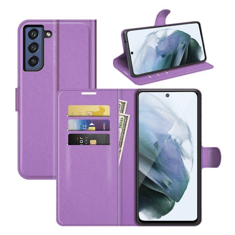 Litchi Texture Purple Horizontal Flip Protective Case for Galaxy S21 FE with Card Slots & Wallet