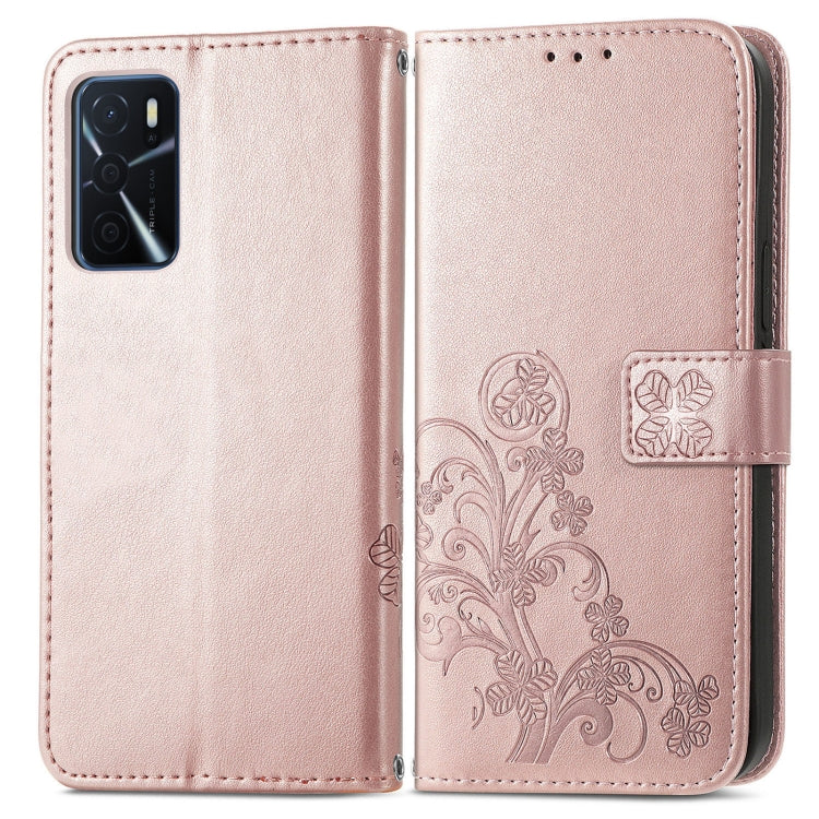 Rose Gold Four-Leaf Clover Embossed Leather Phone Case for OPPO A16